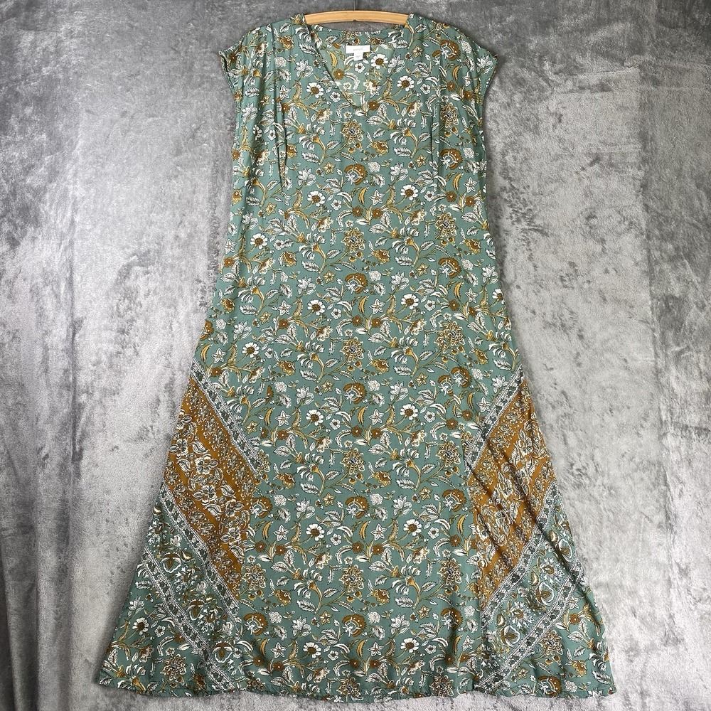 Pure J Jill Dress‎ Womens Sz M Green Floral Midi V-neck Cap Sleeve Border Shift